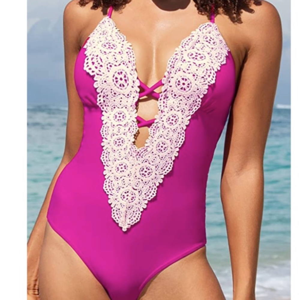 Cupshe Pink One Piece Swimsuit with White Lace